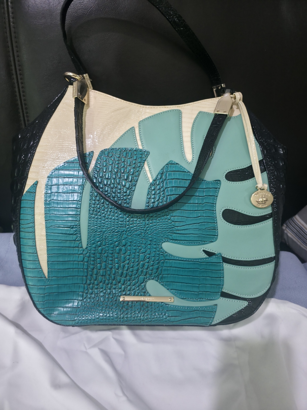 Brahmin Teal, Mint & Cream Textured Leather Shoulder Bag